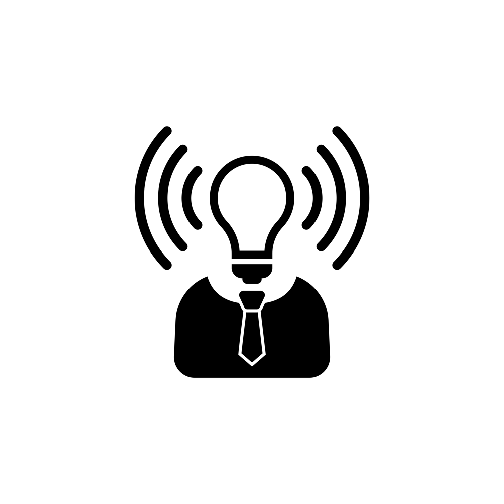Graphic of a ligtbulb wearing a suit with sound lines around the head